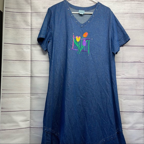 Vintage 90s Denim Maxi Dress Embroidered Women's Size Size L. - Picture 2 of 10